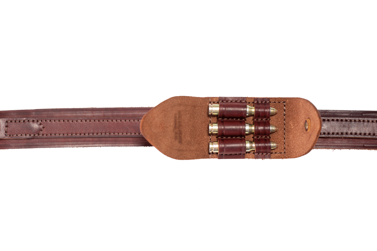 Leather rifle sling with a cartridge holder for three .223 Rem. caliber cartridges